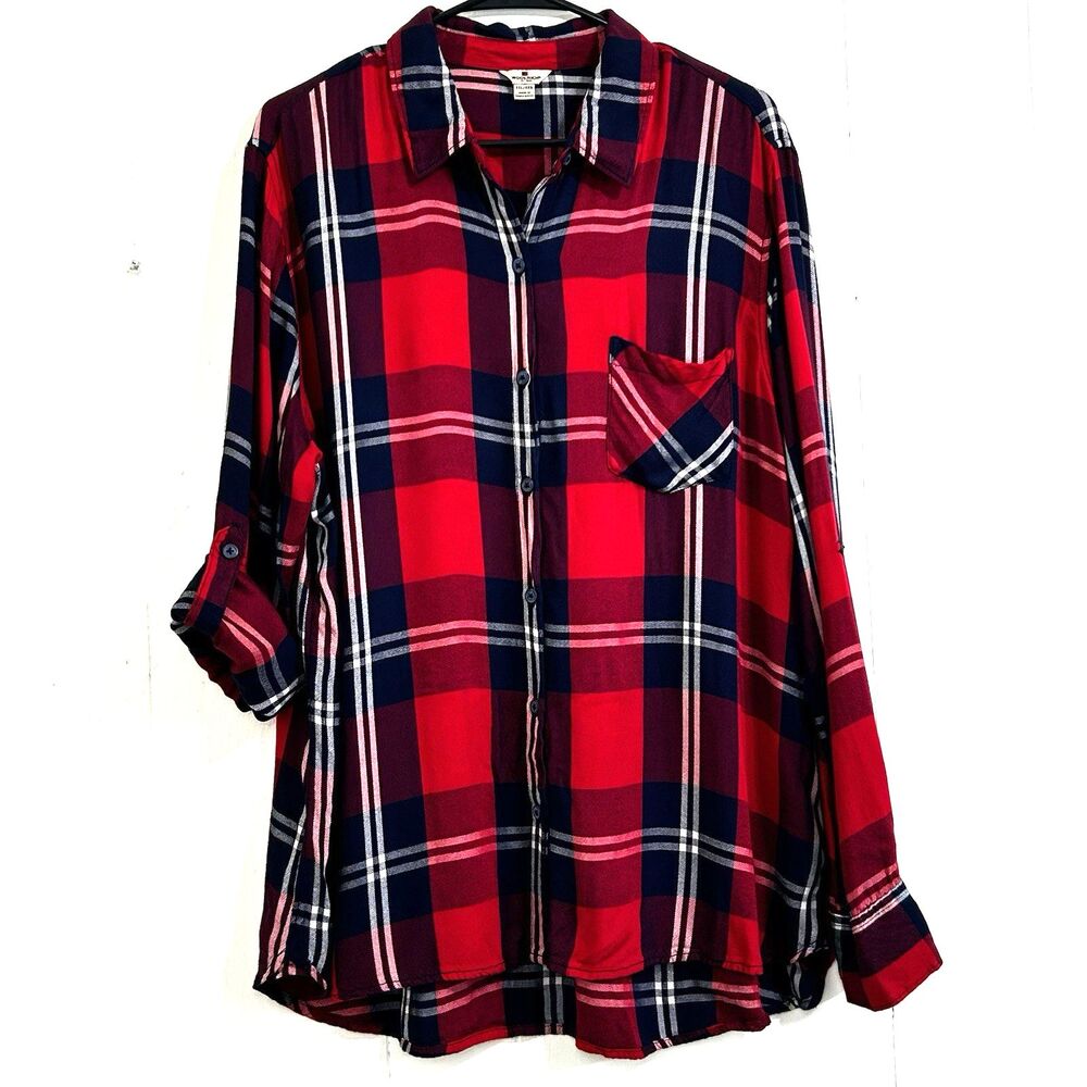Woolrich Red White Blue Plaid Soft Button Down Shirt Size XXL Roll Up Sleeves.